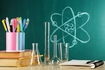 Desk in chemistry class with test tubes