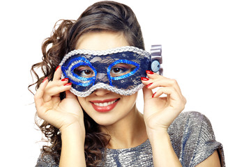 Beautiful girl with masquerade mask isolated on white