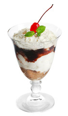 Tasty tiramisu dessert in glass, isolated on white