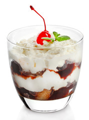 Tasty tiramisu dessert in glass, isolated on white