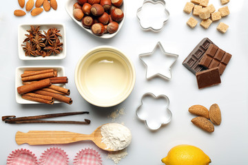 Food ingredients and kitchen utensils for cooking