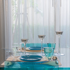 modern glass dinning table with table set