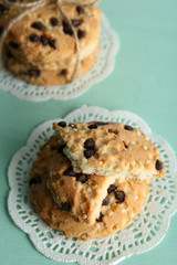Tasty cookies on color wooden background