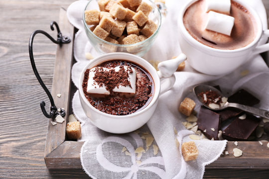 Hot chocolate with marshmallows in mug,