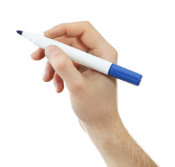 Male hand with marker isolated on white
