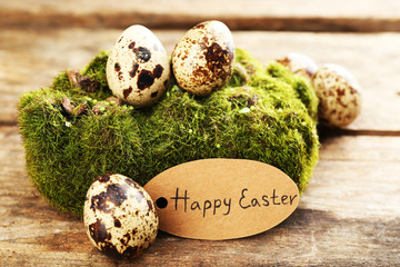 Obraz premium Bird eggs on moss on wooden background