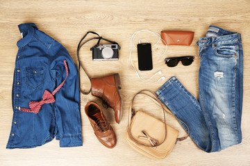 Naklejka premium Still life of casual woman. Woman clothes and accessories
