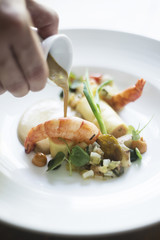 prawns and grilled vegetables with mustard sauce