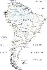 High detailed South America road map with labeling.