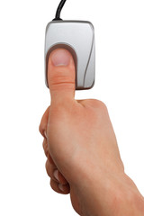 Fingerprint scan. Male thumb on biometric scanner device