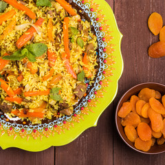 Turkish pilaf with lamb, turmeric and spices in traditional styl