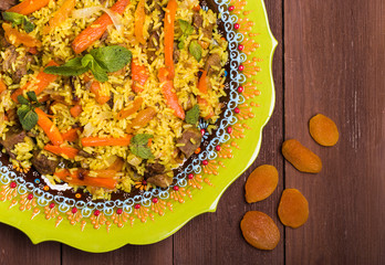 Turkish pilaf with lamb, turmeric and spices in traditional styl