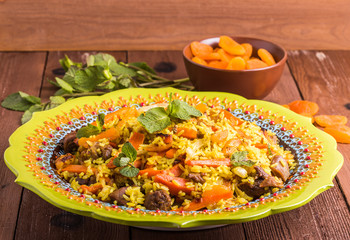 Turkish pilaf with lamb, turmeric and spices in traditional styl