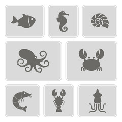 set of monochrome icons with sea food and products