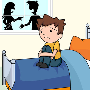 Sad child in bedroom, angry people, arguing, vector