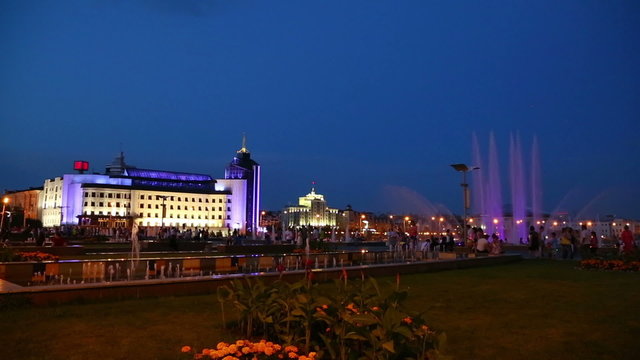 Fountains at night in Kazan, Tatarstan, Russia - timelapse