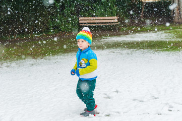 Winter portrait of a cute little boy under the snowfall
