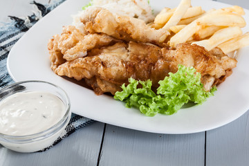 Fish and chips with tartar sauce on a plate