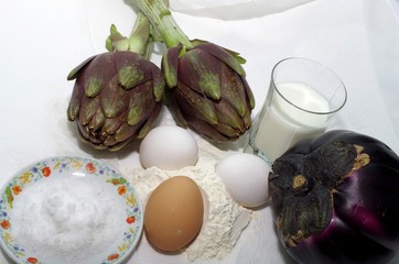 Salt, Eggplant, Eggs, Flour, Milk, Artichokes