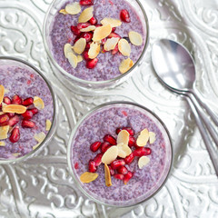 blueberry and raspberry chia pudding on silver plate