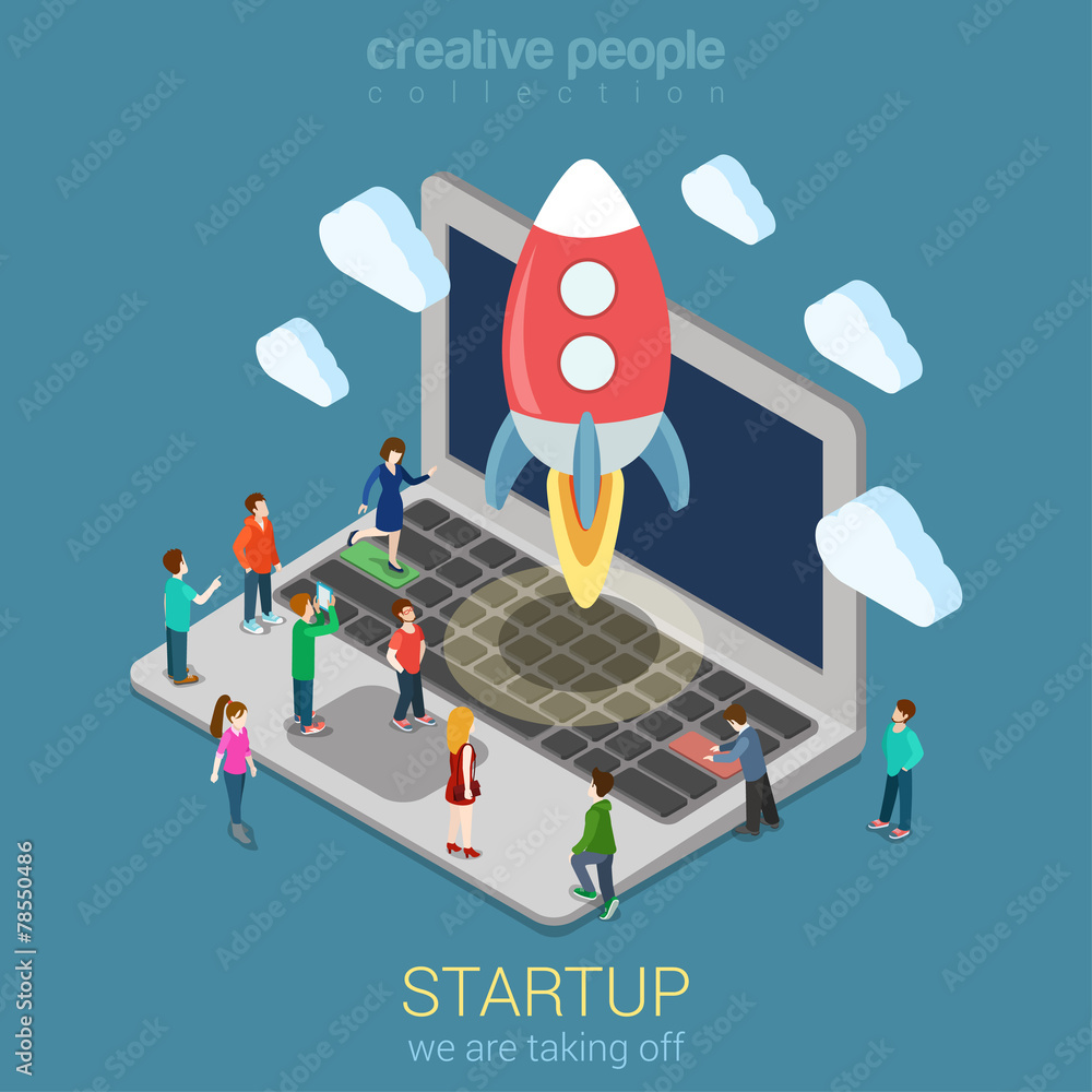 Poster startup launch process flat 3d web isometric infographic concept