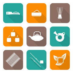 vector white flat design japan tea ceremony equipment icons set