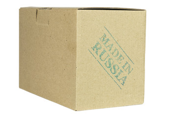 Side view of a cardboard box stamped MADE IN RUSSIA