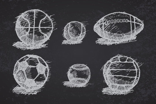 Ball sketch set with shadow on the ground on blackboard