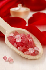 Spa set: scented candle, sea salt, liquid soap and romantic red