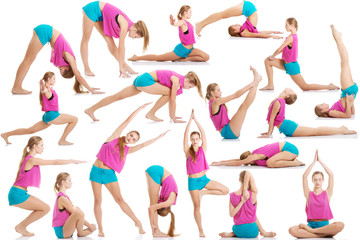 Fototapeta na wymiar Young caucasian woman is doing exercises.