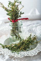 Jar of fresh cut thyme herb