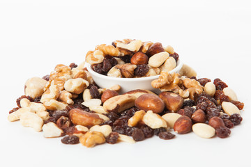 Mix of nuts close up on white.  mixed nut