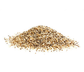 Quartz sand and stones isolated on white.