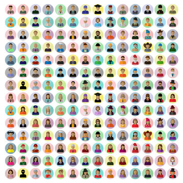 Flat People Icons, Different Occupation: Waiter, Police, Miner, Firefighter, Surgeon, Clown, Judge, Barman, Sailor, Hipster, Worker, Wizard, Athlete, Skater- Isolated On White - Vector, Graphic Design