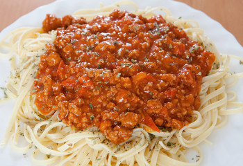 Delicious spaghetti with meat and tomato