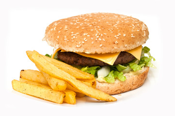 hamburger frites sur fond blanc