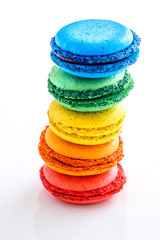 Colorful macaroons on white background