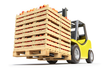 Forklift with red apples in wooden crates © mipan
