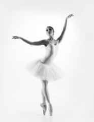 Black and white image of a young beautiful ballet dancer