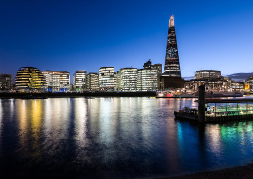 Night shot across the River Thames with The Shard and City Hall