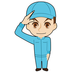 敬礼する帽子の作業者