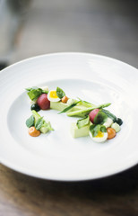 mixed vegetable and herb salad with egg and broccoli mousse