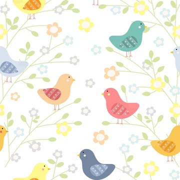 Seamless floral pattern with birds