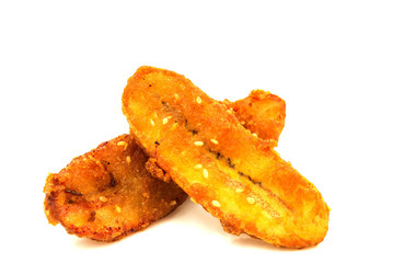 Fried banana on a white background.