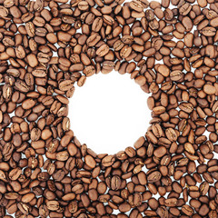 Circle frame of coffee beans isolated on white background may