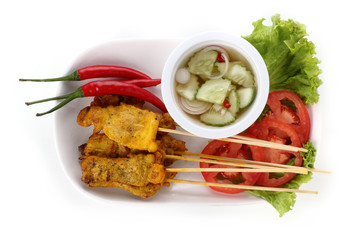 Grilled pork satay with sauce on plate Thai Food