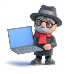 3d Old man holding a laptop