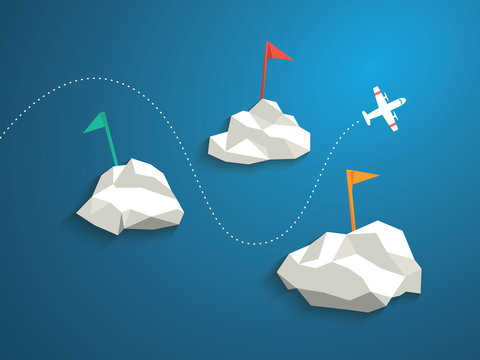 Plane and low polygonal clouds on blue sky. Infographics or