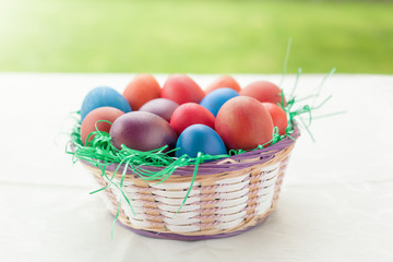 Painted eggs in basket as decoration for Easter