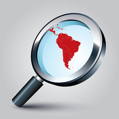 World Map South America magnified with loupe